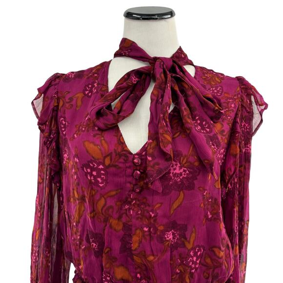 Cleobella Olivia Purple Botanical Floral Print Tie Neck Top - Picture 6 of 12